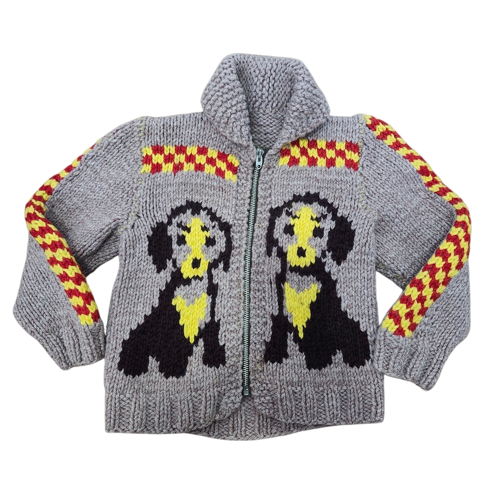 Cowichan Wool Knit Jacket Sweater with Dog Pattern Hand Made Kids 4-6